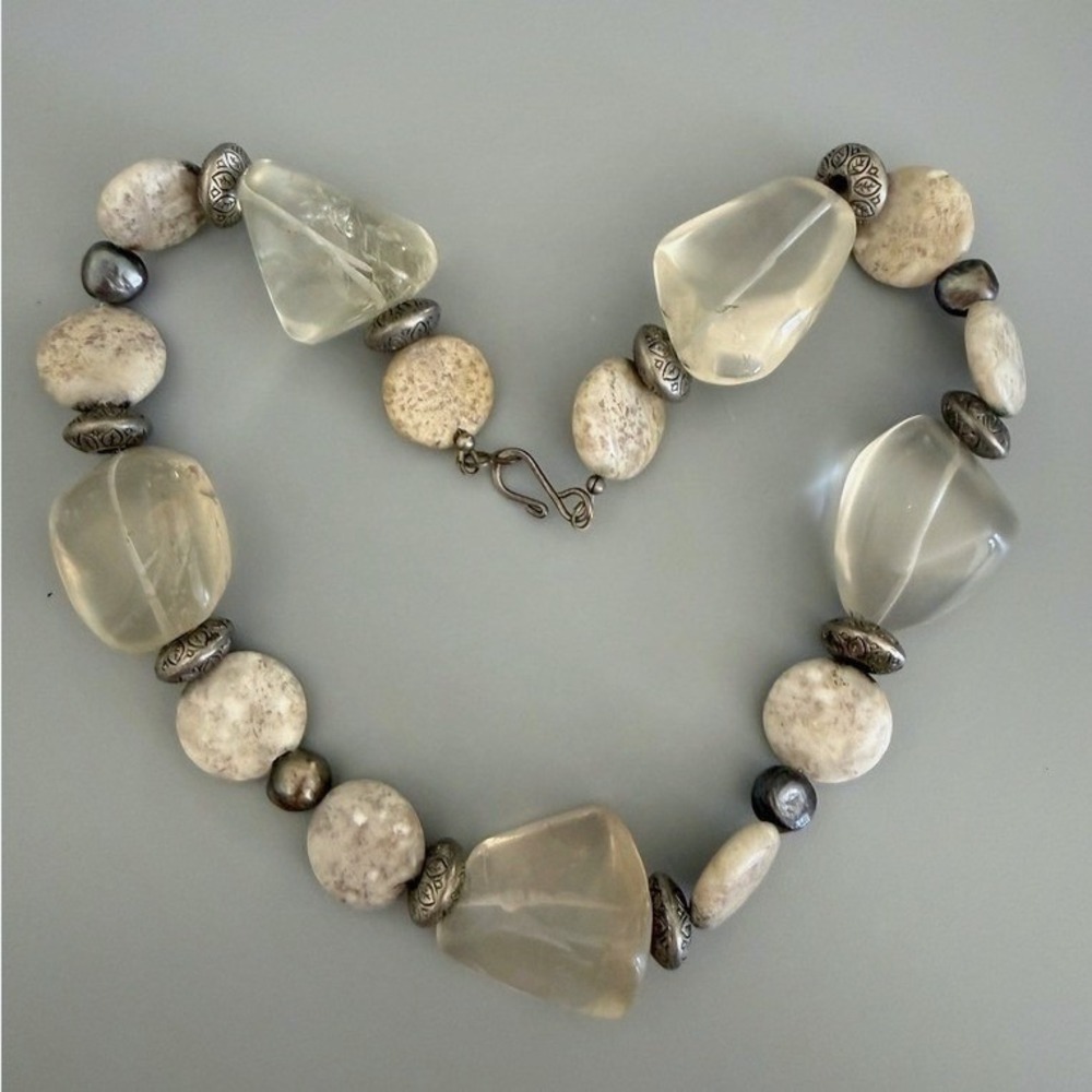 Big Chunky‎ Smoky & White Quartz Beaded Necklace 17" Artsy Statement Bold Boho